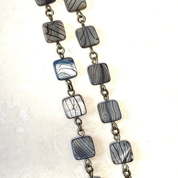 Rainbow Abalone Pendant & Dark Blue Mother of Pearl Bronze Link Long Necklace - Picture 11 of 15